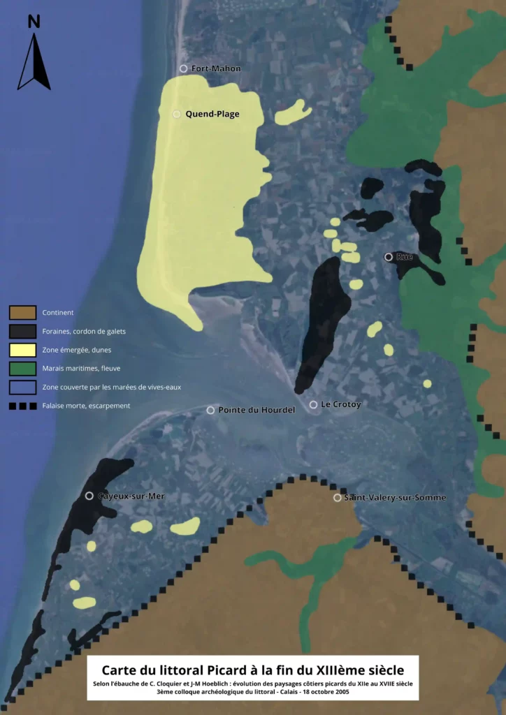 Carte du Littoral Picard au 13ème siècle, simplifiée selon l’ébauche de C. Cloquier et J-M Hoeblich
