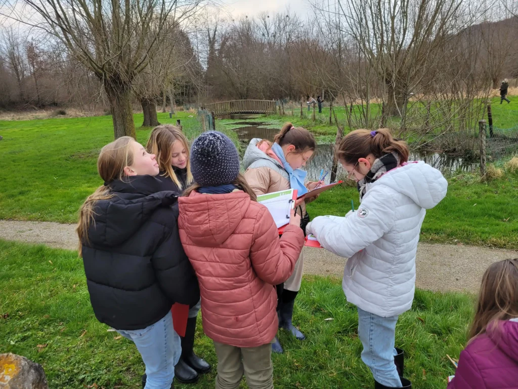 élèves en train d'observer et d'étudier leur aire terrestre éducative